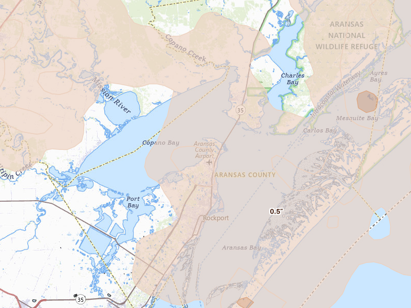 Radar-estimated hail-size map of the storm over Rockport, TX on May 18, 2026