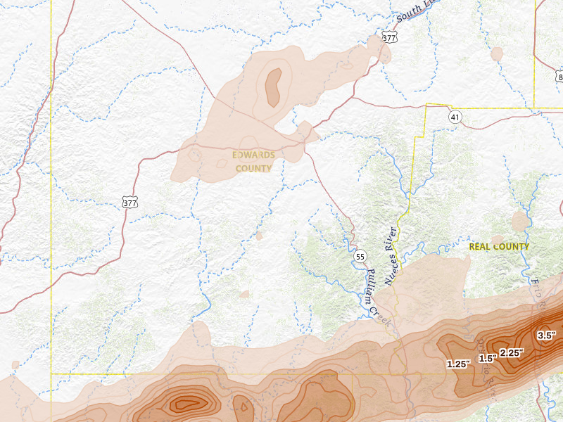 Radar-estimated hail-size map of the storm over Rocksprings, TX on Mar 10, 2026