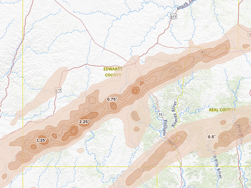 Radar-estimated hail-size map of the storm over Rocksprings, TX