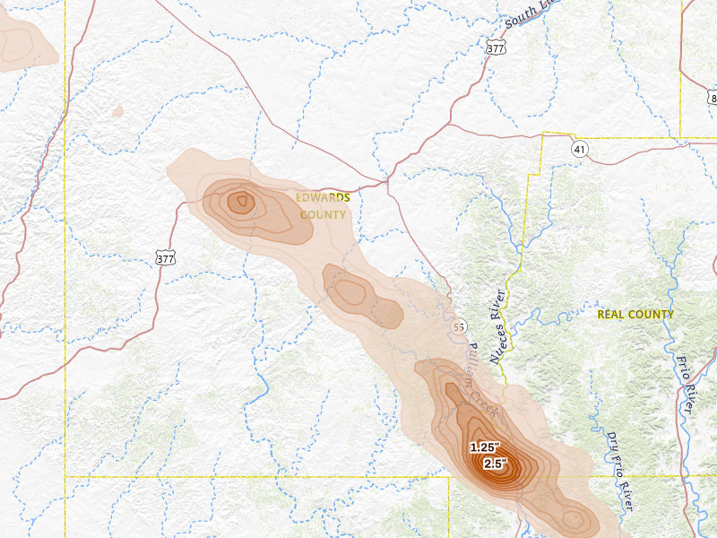 Radar-estimated hail-size map of the storm over Rocksprings, TX on Apr 29, 2026