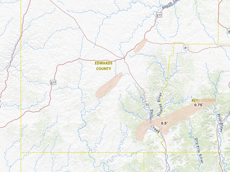 Radar-estimated hail-size map of the storm over Rocksprings, TX on May 7, 2026