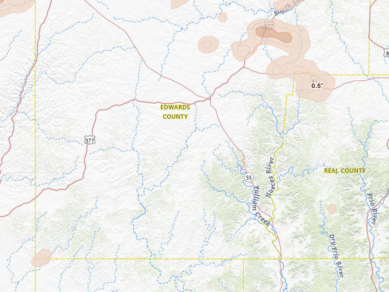 Radar-estimated hail-size map of the storm over Rocksprings, TX on May 21, 2026