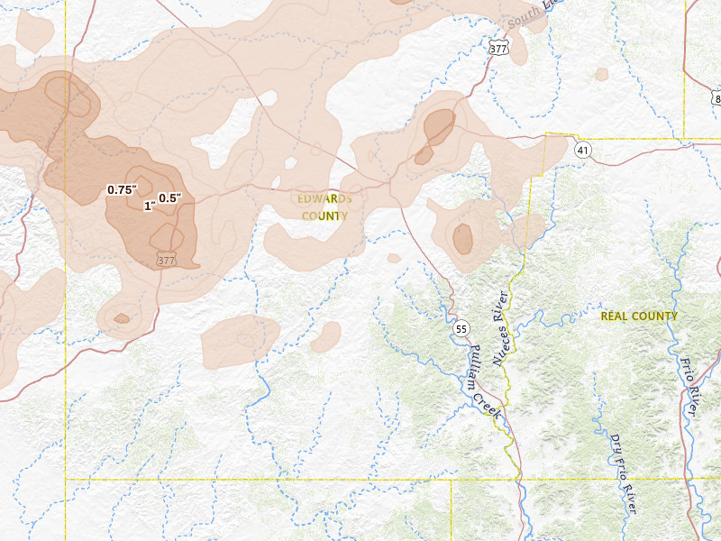 Radar-estimated hail-size map of the storm over Rocksprings, TX on May 22, 2026