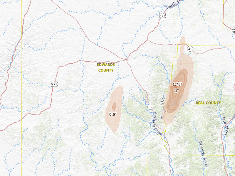 Radar-estimated hail-size map of the storm over Rocksprings, TX on May 26, 2026