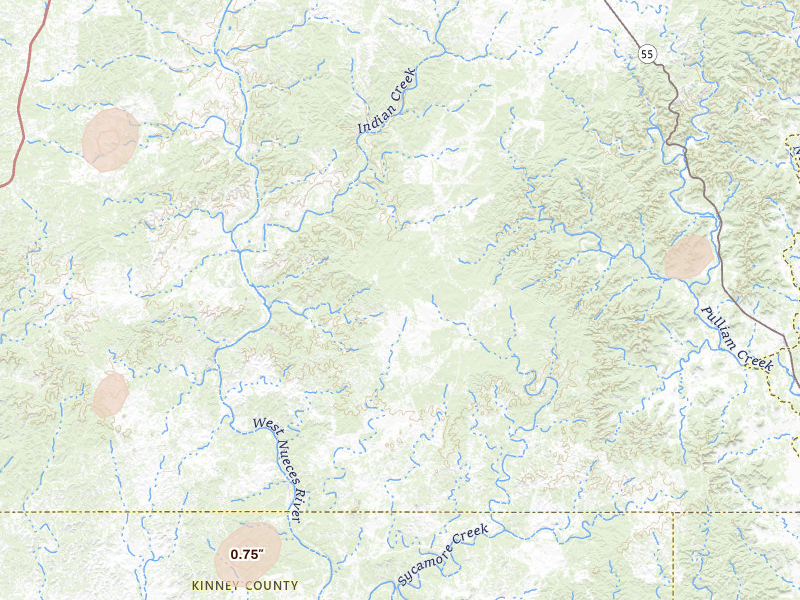 Radar-estimated hail-size map of the storm over Rocksprings, TX on Aug 1, 2026