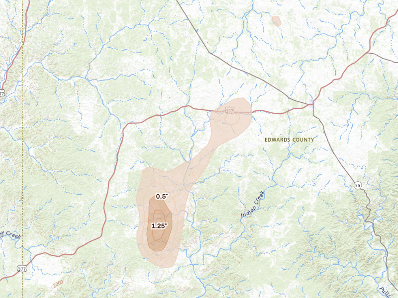 Radar-estimated hail-size map of the storm over Rocksprings, TX on Sep 27, 2026