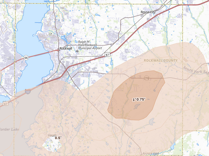 Radar-estimated hail-size map of the storm over Rockwall, TX on Mar 4, 2026