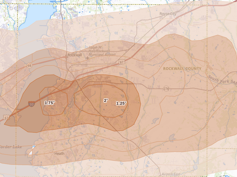 Radar-estimated hail-size map of the storm over Rockwall, TX on Apr 27, 2026