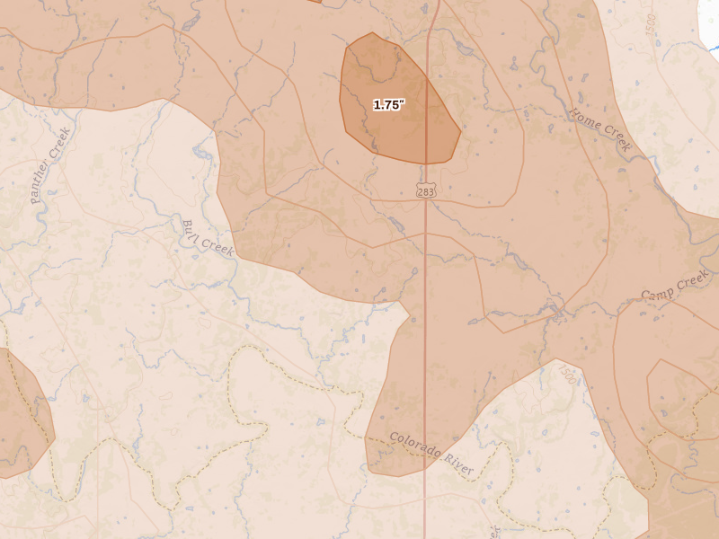 Radar-estimated hail-size map of the storm over Rockwood, TX on May 10, 2026