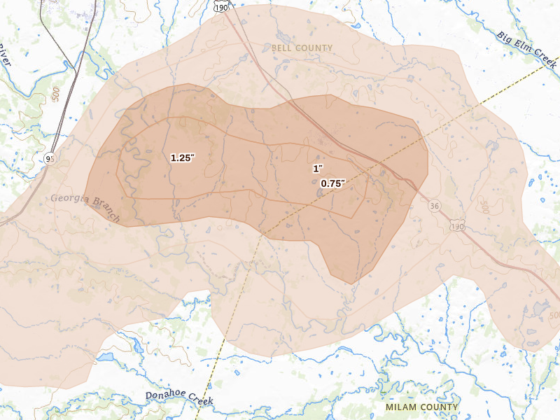 Radar-estimated hail-size map of the storm over Rogers, TX on May 10, 2026