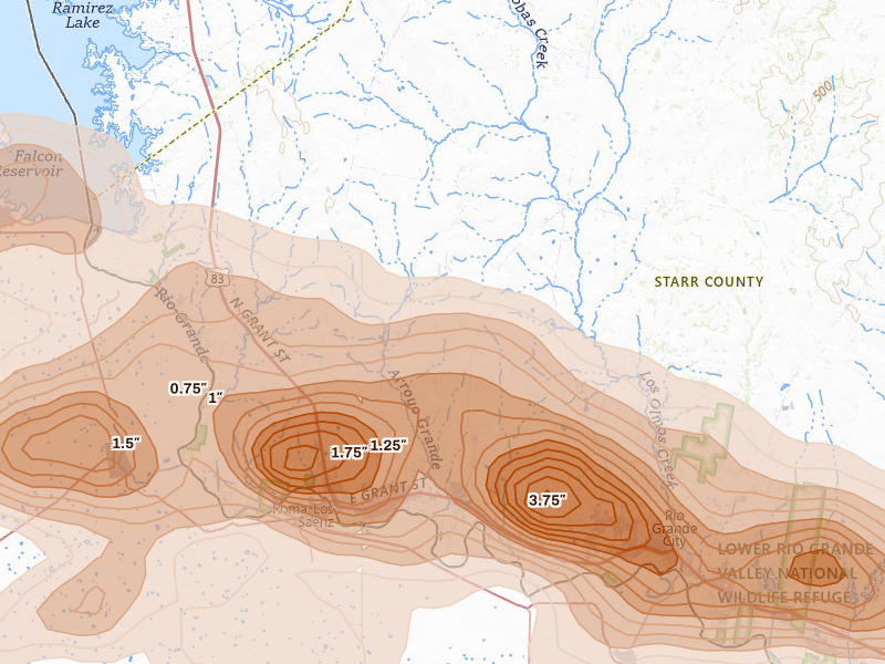 Radar-estimated hail-size map of the storm over Roma, TX on Mar 7, 2026
