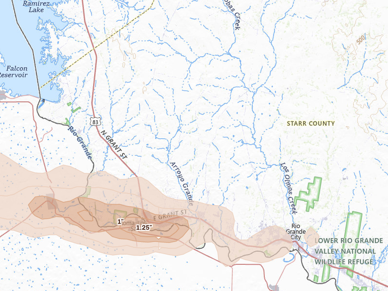 Radar-estimated hail-size map of the storm over Roma, TX on May 9, 2026