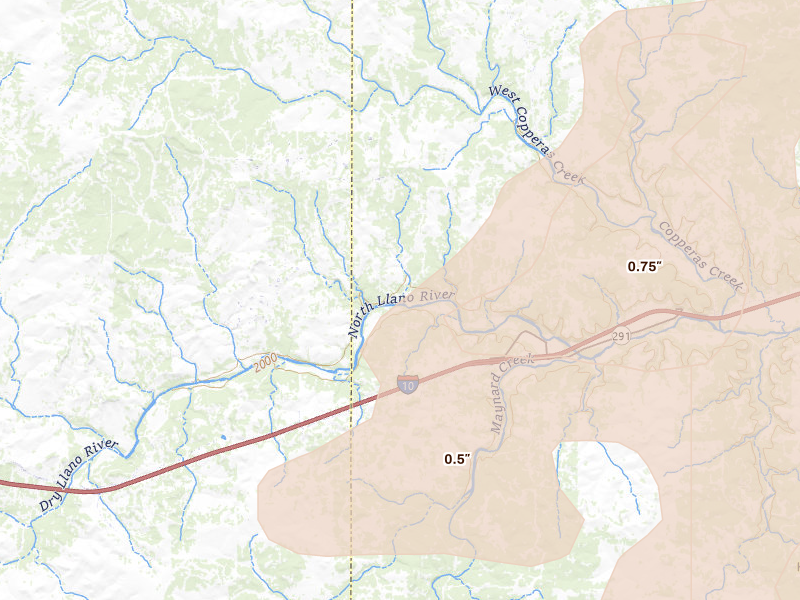 Radar-estimated hail-size map of the storm over Roosevelt, TX on May 22, 2026