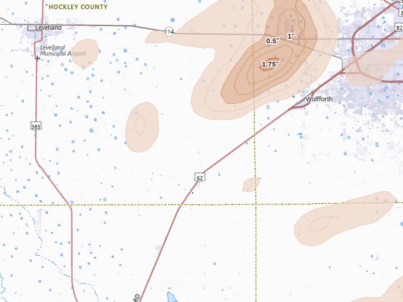 Radar-estimated hail-size map of the storm over Ropesville, TX on May 31, 2026