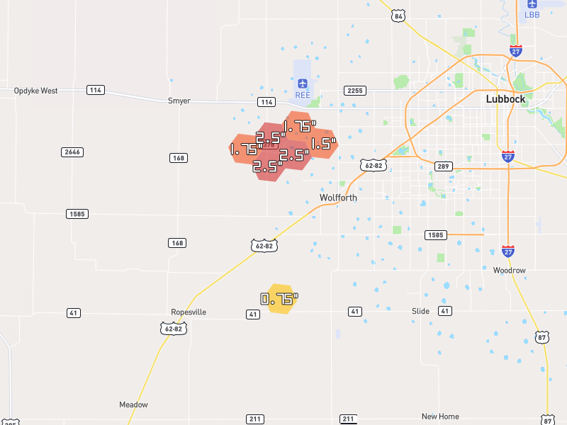 Hail map of Ropesville, TX on Jun 1, 2026, hail up to 2.5"