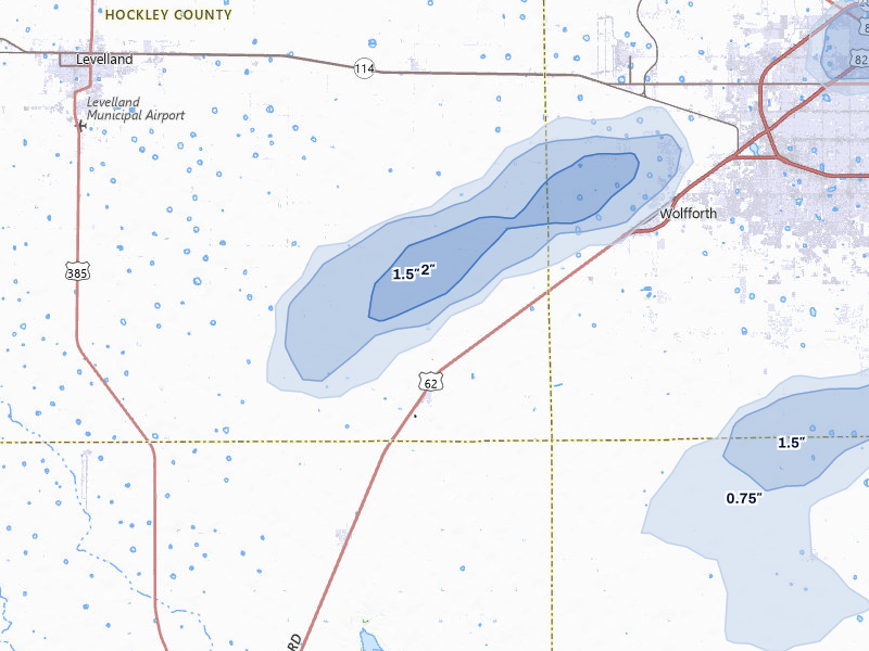 NEXRAD radar-signature map of the hail storm over Ropesville, TX on Jun 25, 2026
