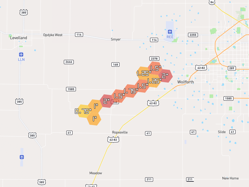 Hail map of Ropesville, TX on Jun 26, 2026, hail up to 2"