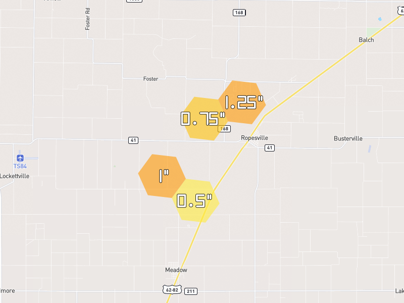 Hail map of Ropesville, TX on Jul 1, 2026, hail up to 1.25"