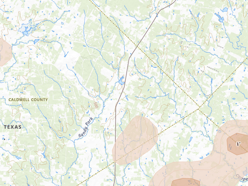 Radar-estimated hail-size map of the storm over Rosanky, TX on Aug 27, 2026