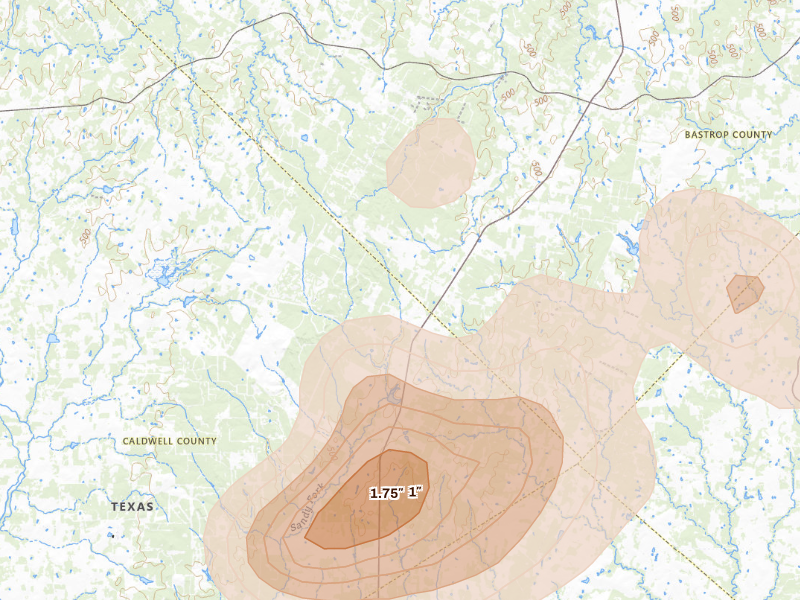 Radar-estimated hail-size map of the storm over Rosanky, TX
