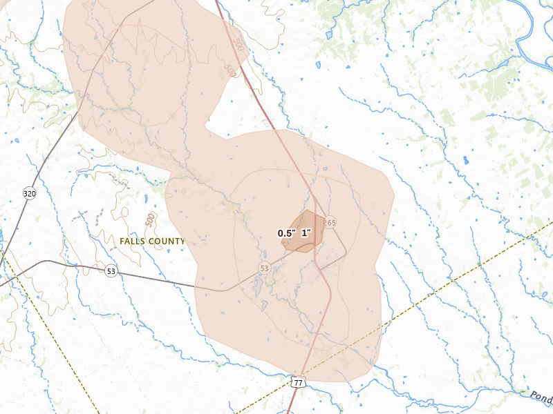 Radar-estimated hail-size map of the storm over Rosebud, TX on May 10, 2026