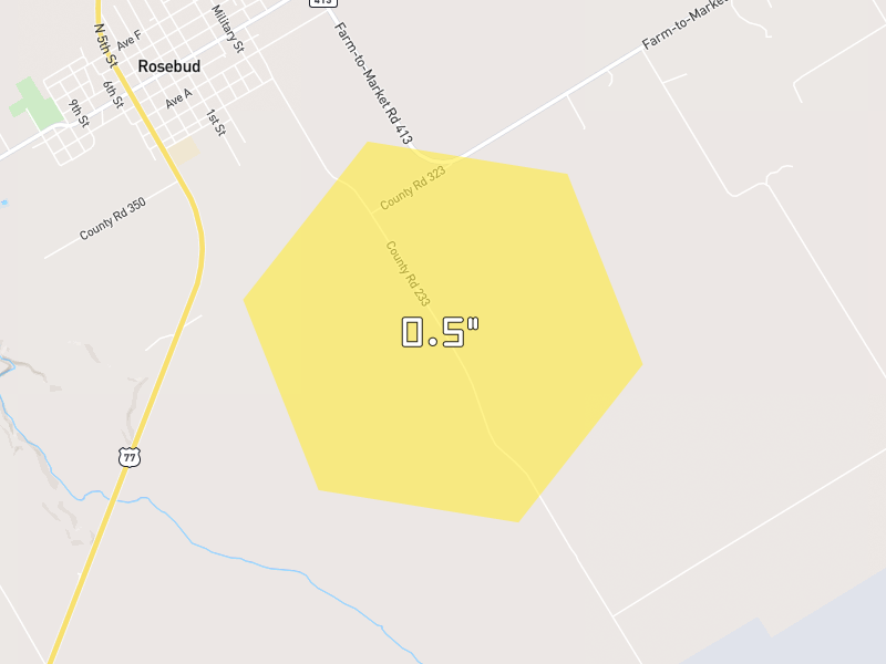 Hail map of Rosebud, TX on Jun 2, 2026, hail up to 0.5"