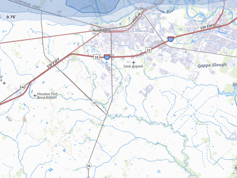 NEXRAD radar-signature map of the hail over Rosenberg, TX