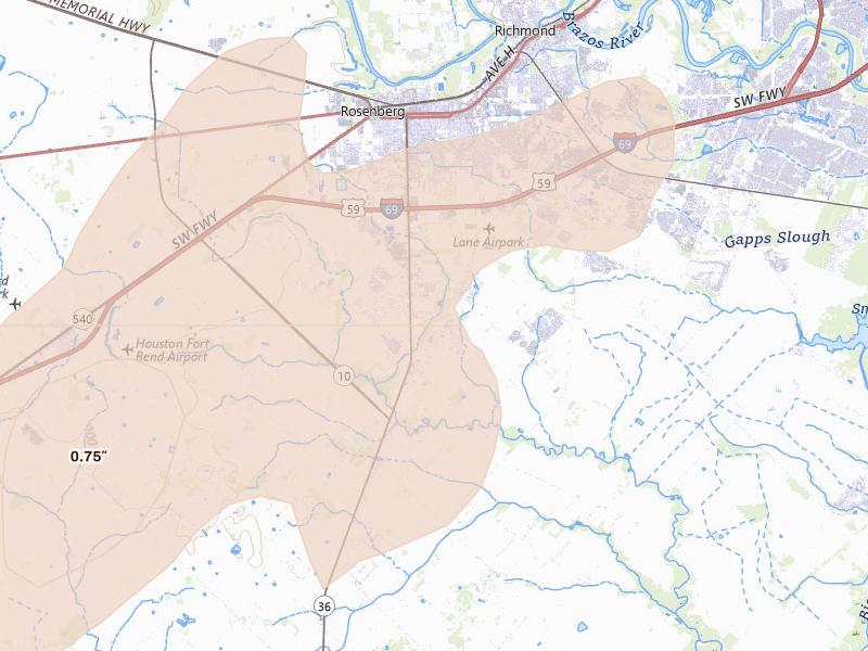 Radar-estimated hail-size map of the storm over Rosenberg, TX on May 22, 2026