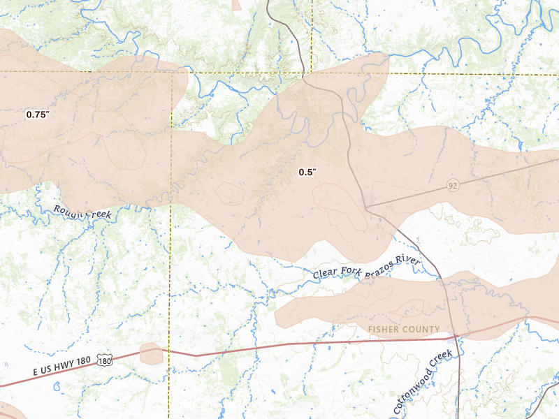 Radar-estimated hail-size map of the storm over Rotan, TX on May 22, 2026
