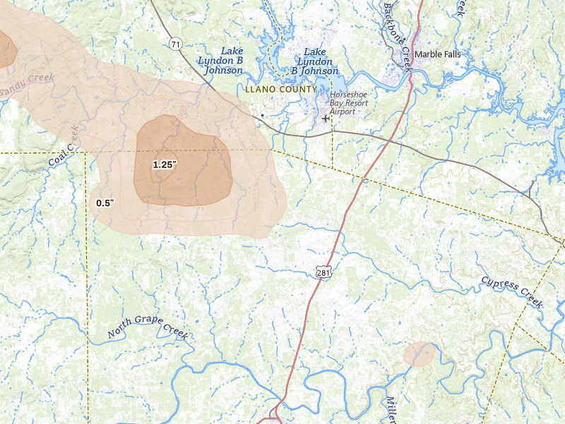 Radar-estimated hail-size map of the storm over Round Mountain, TX on Apr 30, 2026