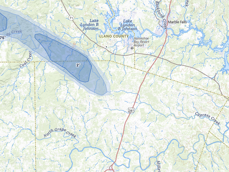 NEXRAD radar-signature map of the hail storm over Round Mountain, TX on Apr 30, 2026