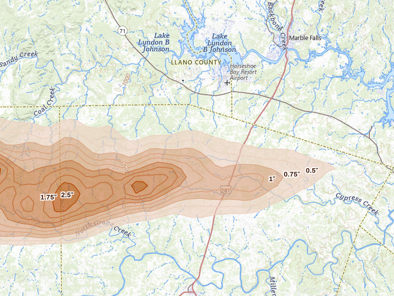 Radar-estimated hail-size map of the storm over Round Mountain, TX on May 6, 2026
