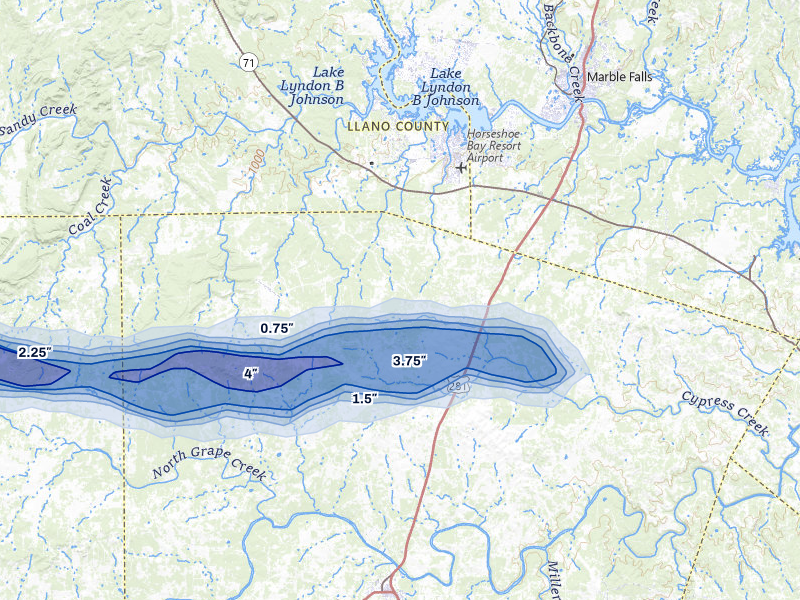 NEXRAD radar-signature map of the hail storm over Round Mountain, TX on May 6, 2026