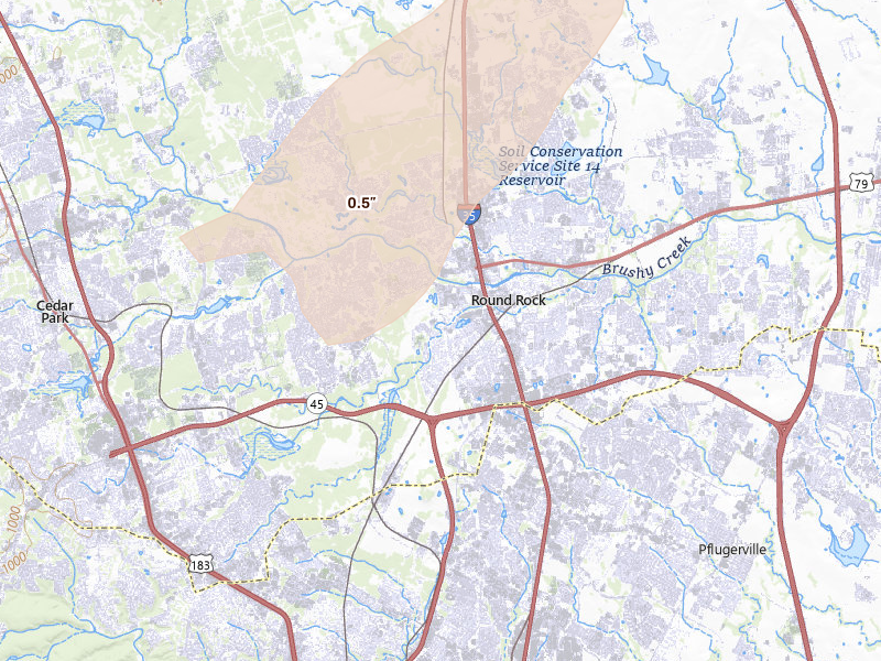 Radar-estimated hail-size map of the storm over Round Rock, TX on Apr 18, 2026