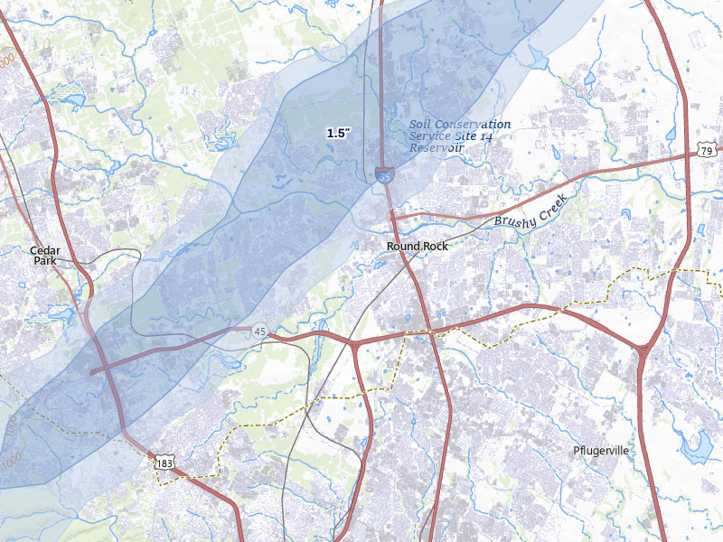 NEXRAD radar-signature map of the hail over Round Rock, TX