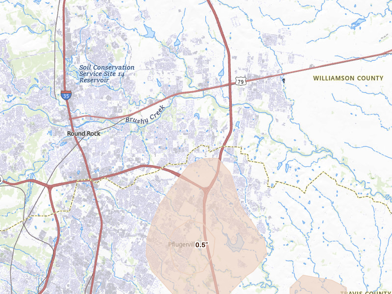 Radar-estimated hail-size map of the storm over Round Rock, TX on May 10, 2026