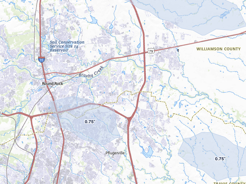 NEXRAD radar-signature map of the hail storm over Round Rock, TX on May 10, 2026