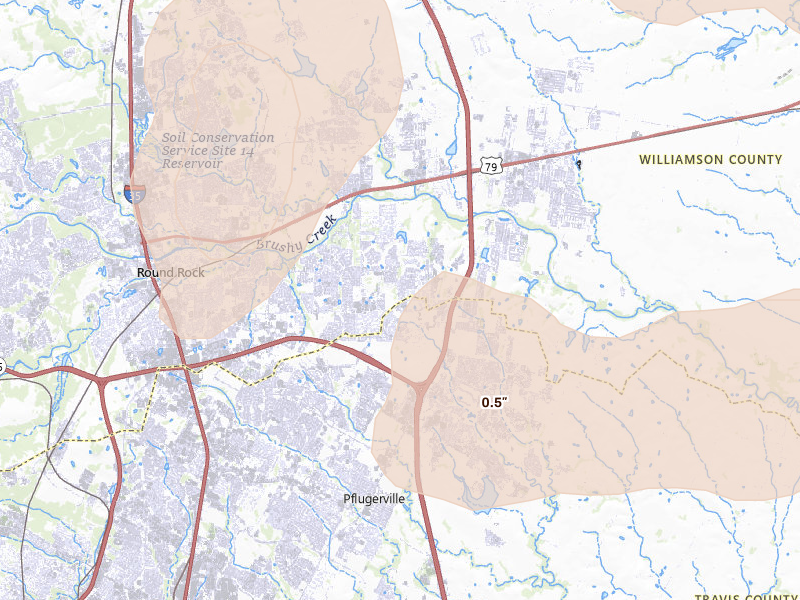 Radar-estimated hail-size map of the storm over Round Rock, TX on May 19, 2026
