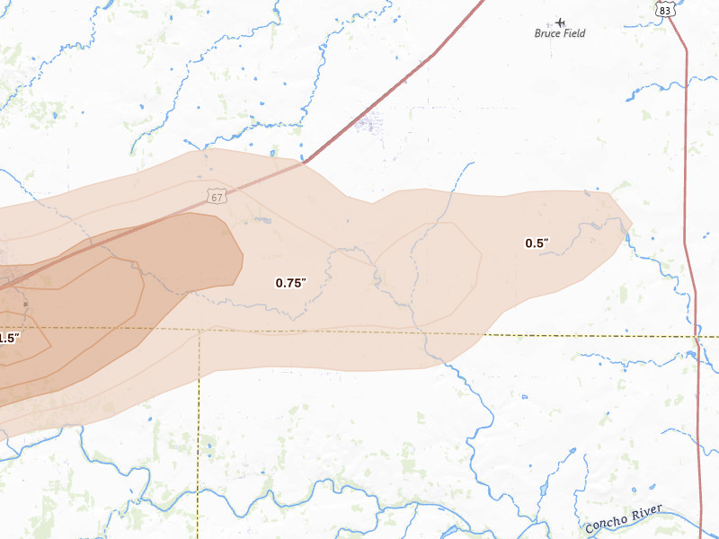 Radar-estimated hail-size map of the storm over Rowena, TX on Apr 15, 2026