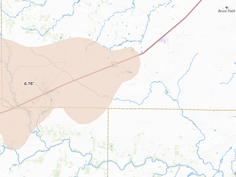Radar-estimated hail-size map of the storm over Rowena, TX on Apr 18, 2026