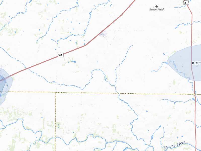NEXRAD radar-signature map of the hail storm over Rowena, TX on Apr 18, 2026