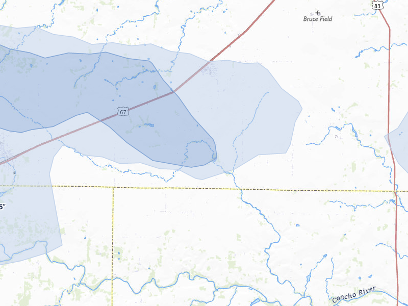 NEXRAD radar-signature map of the hail storm over Rowena, TX on May 10, 2026
