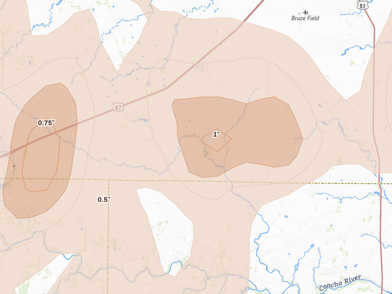 Radar-estimated hail-size map of the storm over Rowena, TX on May 19, 2026