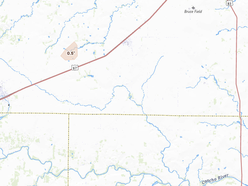 Radar-estimated hail-size map of the storm over Rowena, TX on Jun 6, 2026