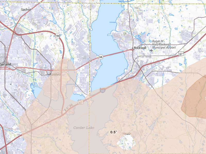 Radar-estimated hail-size map of the storm over Rowlett, TX on Mar 4, 2026