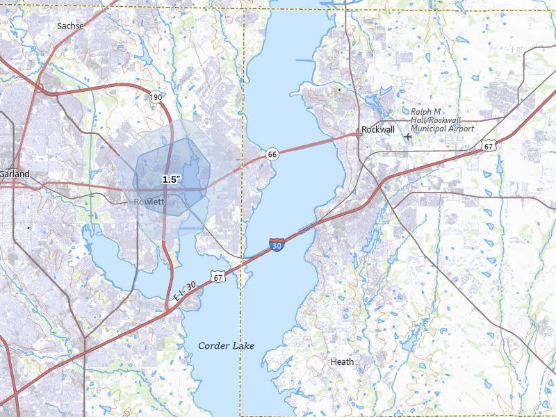 NEXRAD radar-signature map of the hail over Rowlett, TX