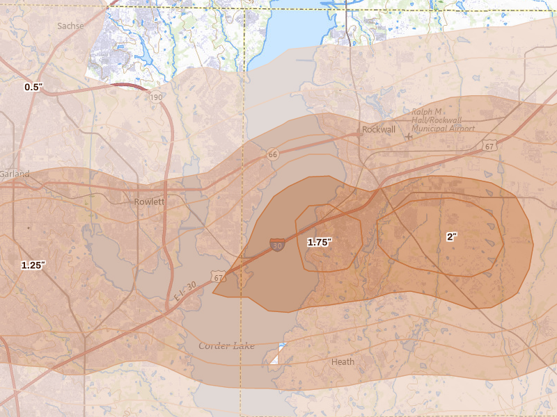 Radar-estimated hail-size map of the storm over Rowlett, TX on Apr 27, 2026