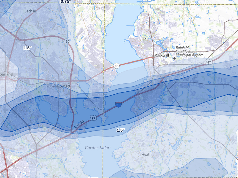 NEXRAD radar-signature map of the hail over Rowlett, TX