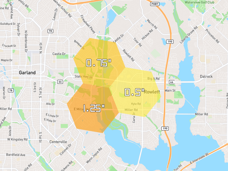 Hail map of Rowlett, TX on Jul 5, 2026, hail up to 1.25"