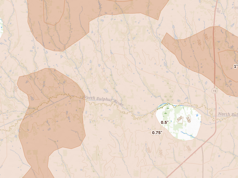 Radar-estimated hail-size map of the storm over Roxton, TX on Apr 24, 2026